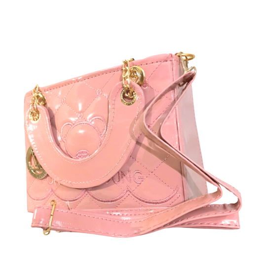 Soft Pink Quilted Handbag with Chain Strap and Logo Charm