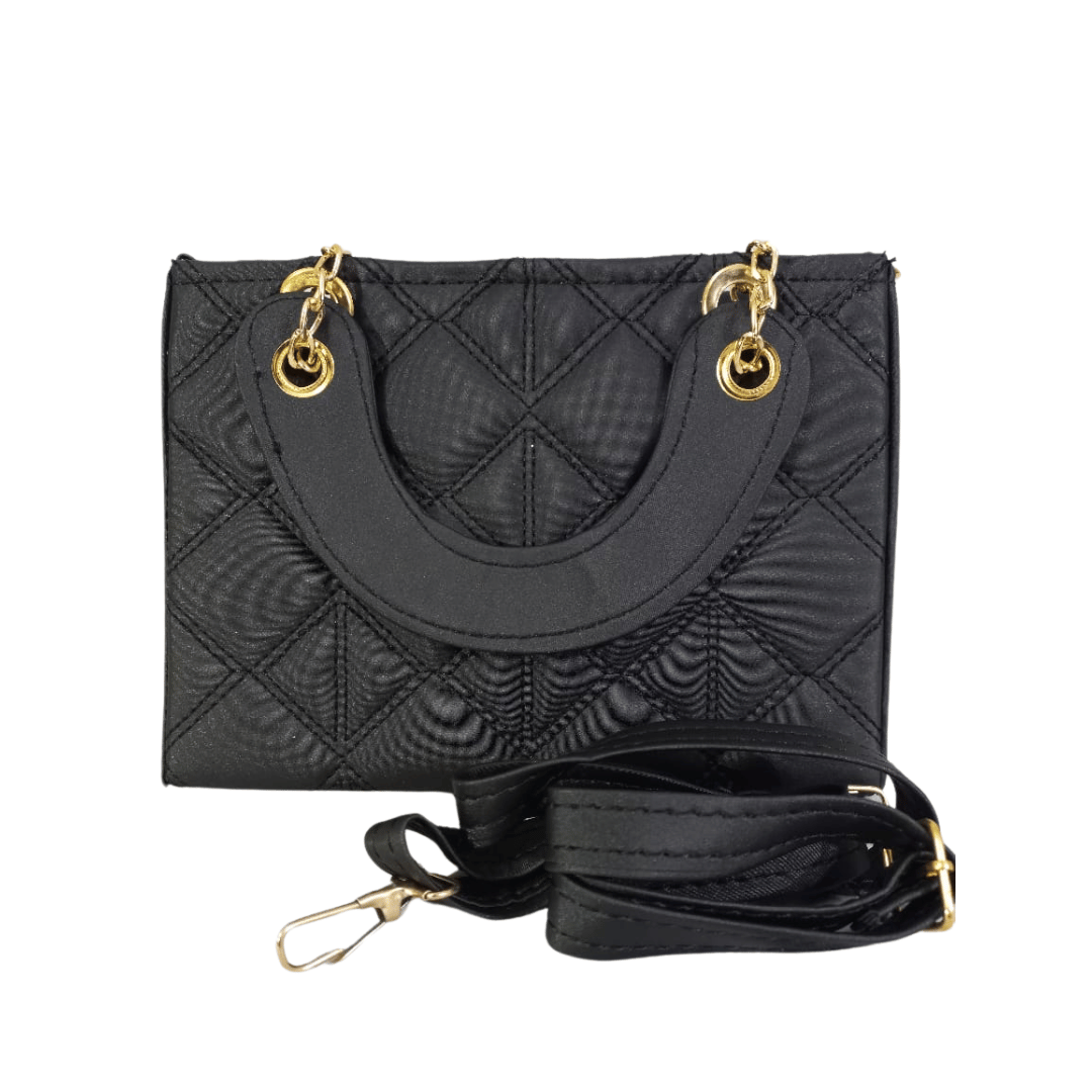 Black Quilted Handbag with Chain Strap and Logo Charm