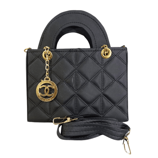 Black Quilted Handbag with Chain Strap and Logo Charm