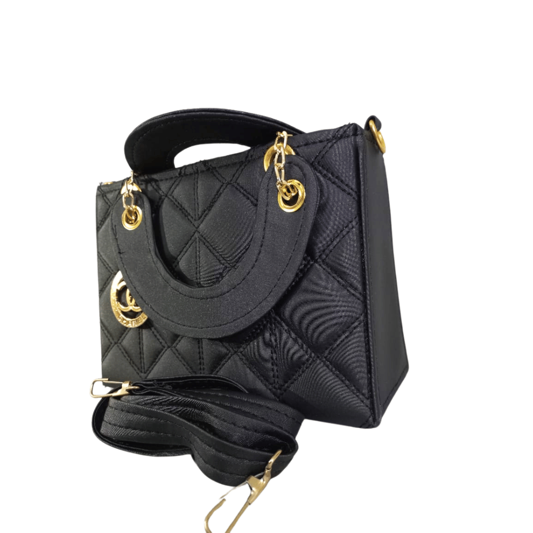 Black Quilted Handbag with Chain Strap and Logo Charm