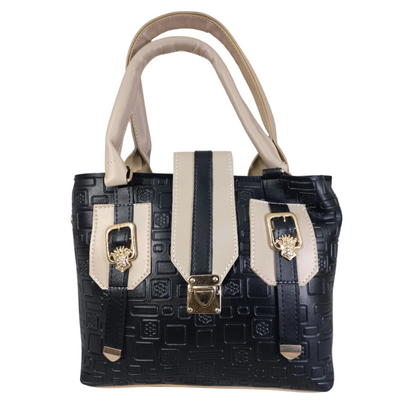 Black and Ivory Handbag with Gold Buckles