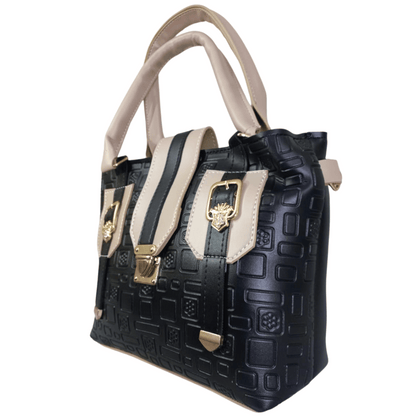 Black and Ivory Handbag with Gold Buckles