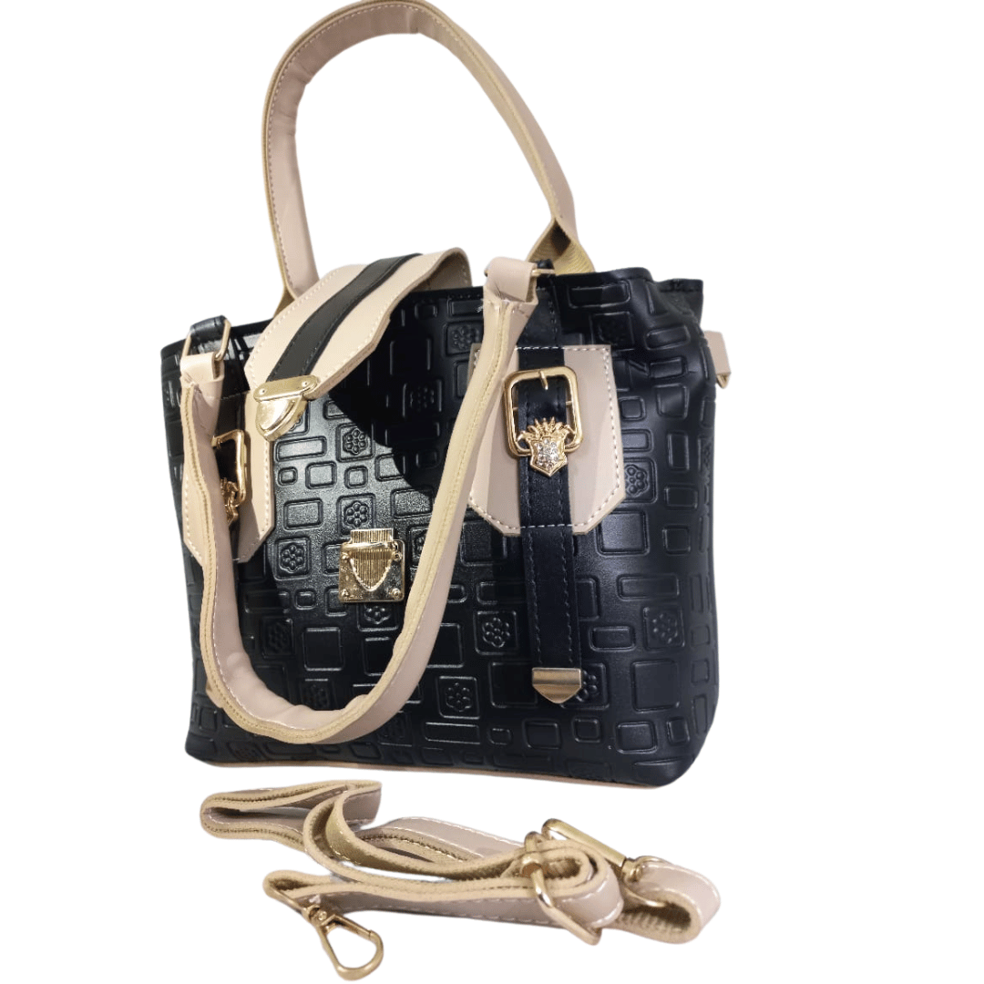 Black and Ivory Handbag with Gold Buckles