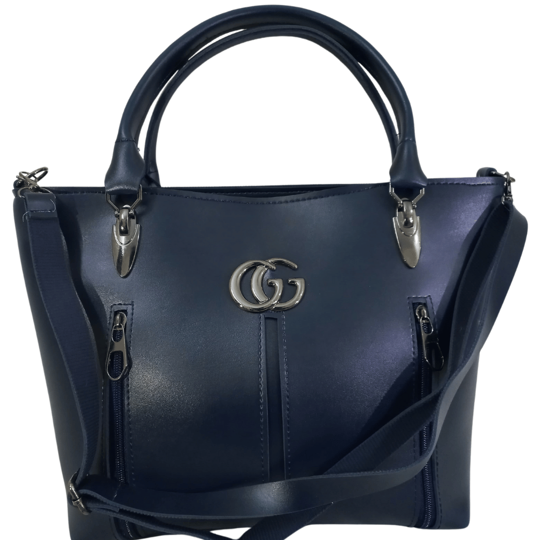 Blue Leather Handbag with Double G Accent with Zip Pockets