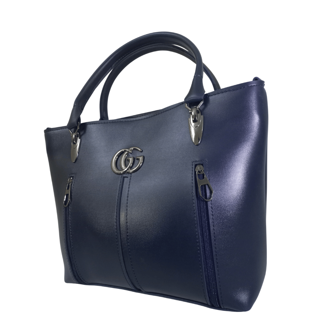 Blue Leather Handbag with Double G Accent with Zip Pockets