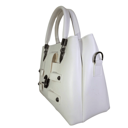 Structured White Handbag with Buckle Details